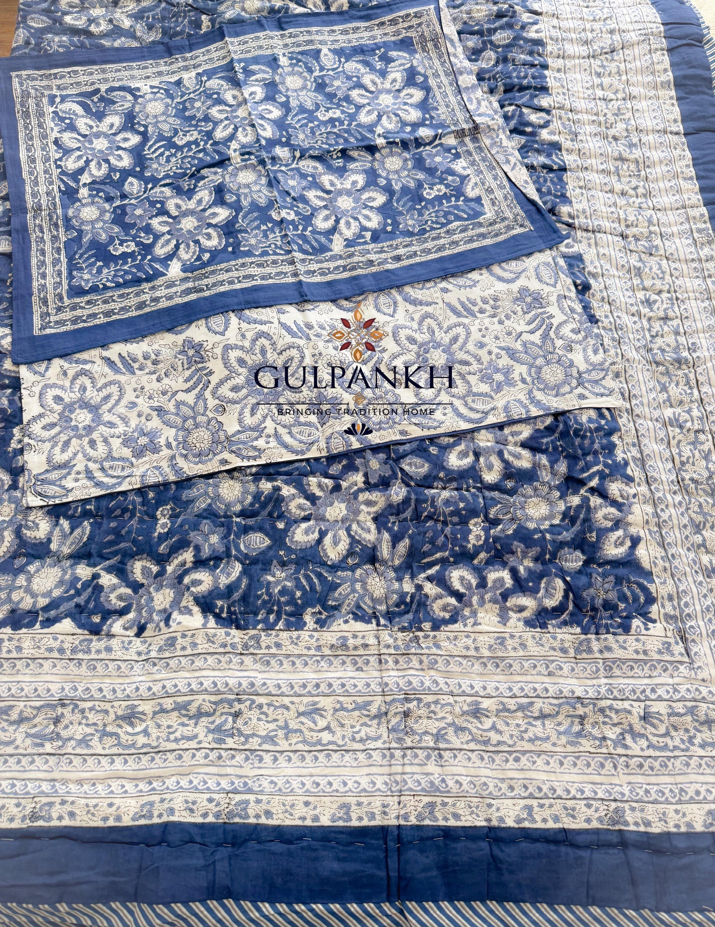 Hand Block Printed Cotton Quilt - Indigo Heritage Bloom | Gulpankh Canada