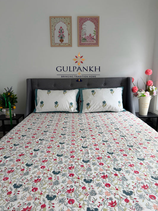 Teal Blossom Vine Hand Block Printed Fitted Bedsheet | Gulpankh Canada