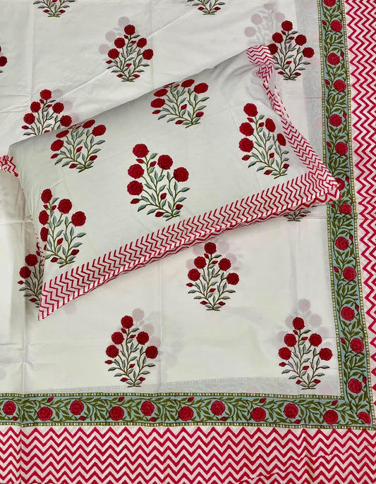 Hand Block Printed 100% Cotton Queen Fitted Bedsheet - Ruby Rose Garden | Gulpankh Canada