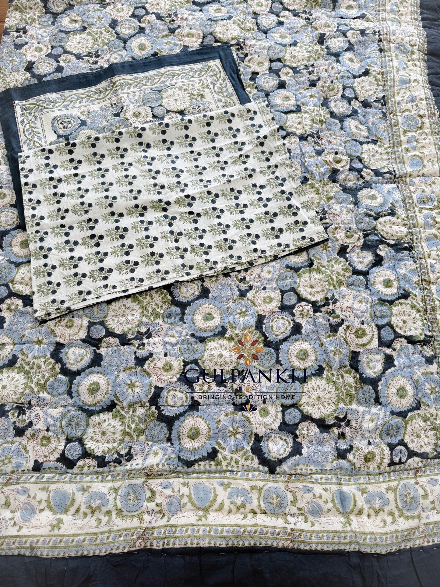 Hand Block Printed Cotton Quilt - Midnight Wildflower Meadow | Gulpankh Canada