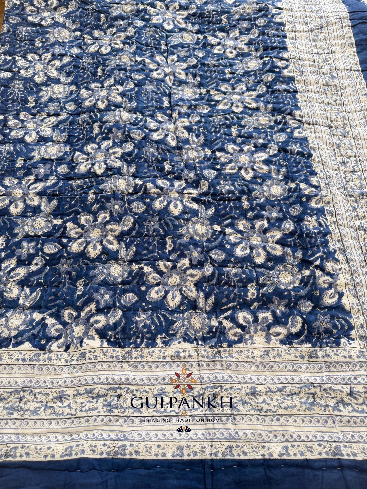 Hand Block Printed Cotton Quilt - Indigo Heritage Bloom | Gulpankh Canada