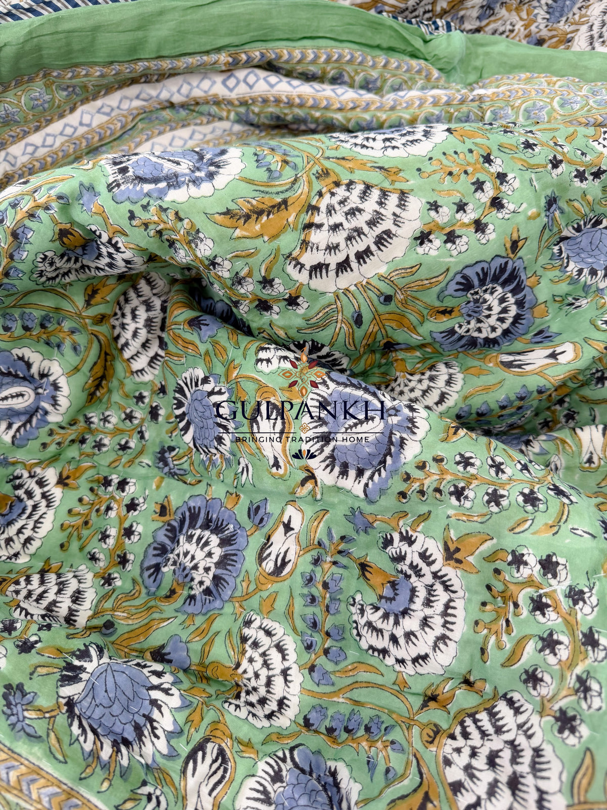 Hand Block Printed Reversible Cotton Quilt - Green Botanical Bloom | Gulpankh Canada