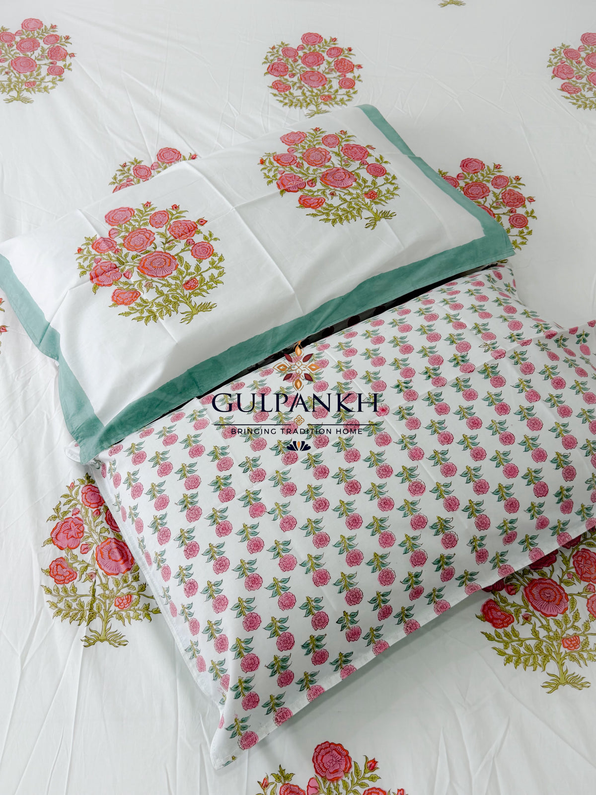 Hand Block Printed 100% Cotton King Fitted Bedsheet - Rose Mint Bloom | Gulpankh Canada