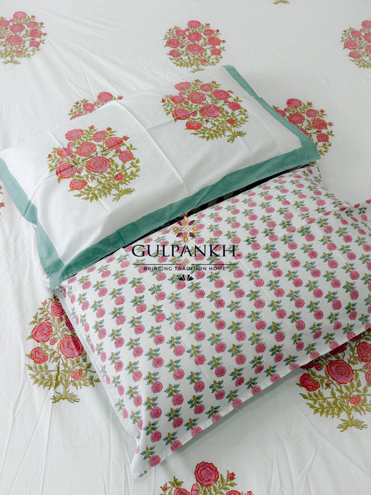 Hand Block Printed 100% Cotton Queen Fitted Bedsheet - Rose Mint Bloom | Gulpankh Canada