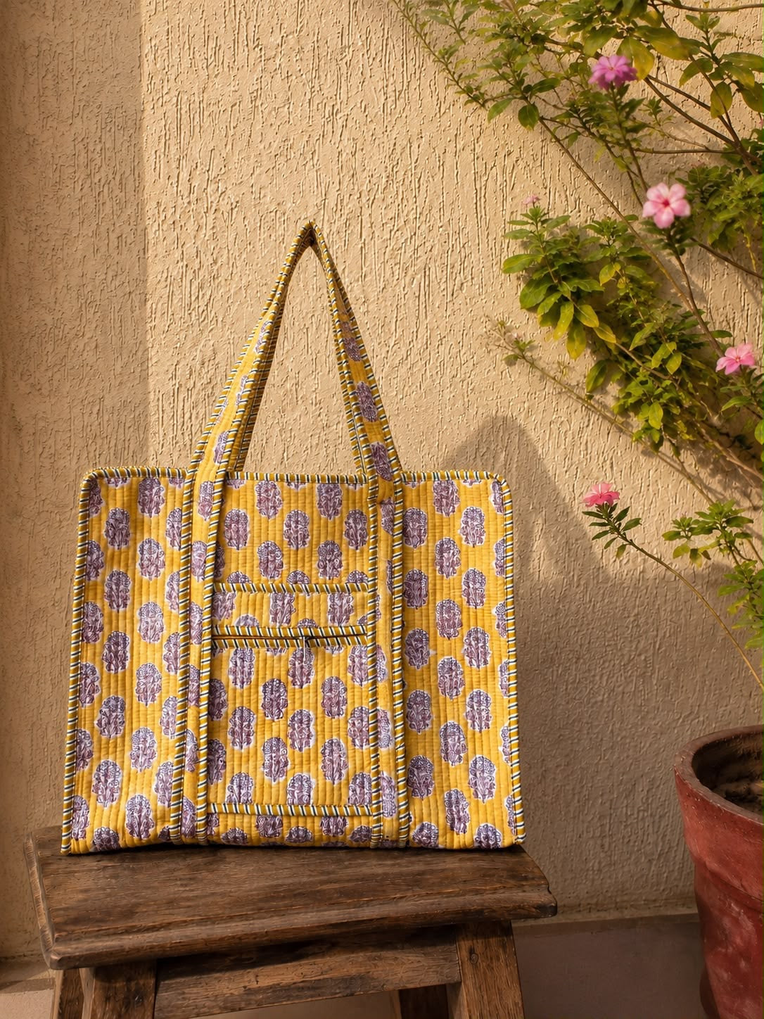 Hand Block Printed Quilted Tote Bag – Mustard Bloom | Gulpankh Canada