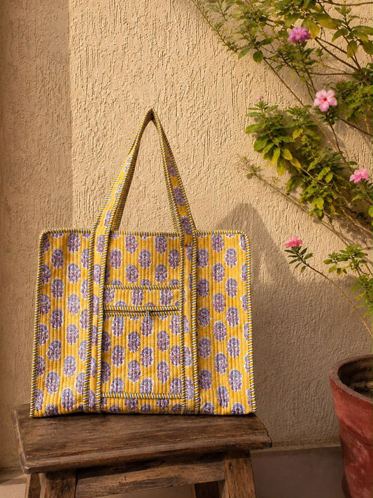 Hand Block Printed Quilted Tote Bag – Mustard Bloom | Gulpankh Canada