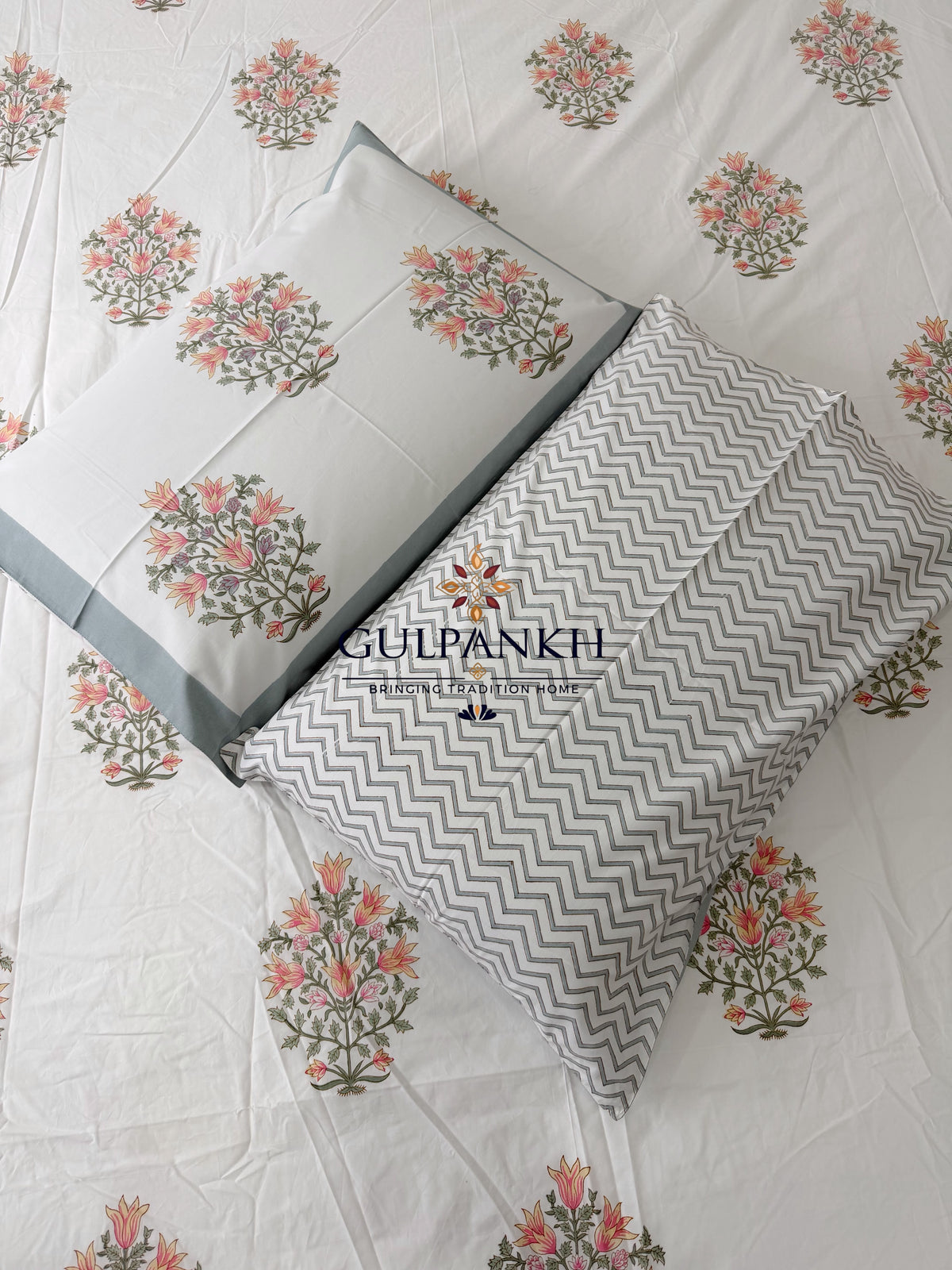 Hand Block Printed 100% Cotton Queen Fitted Bedsheet - Blush Sage Bloom | Gulpankh Canada
