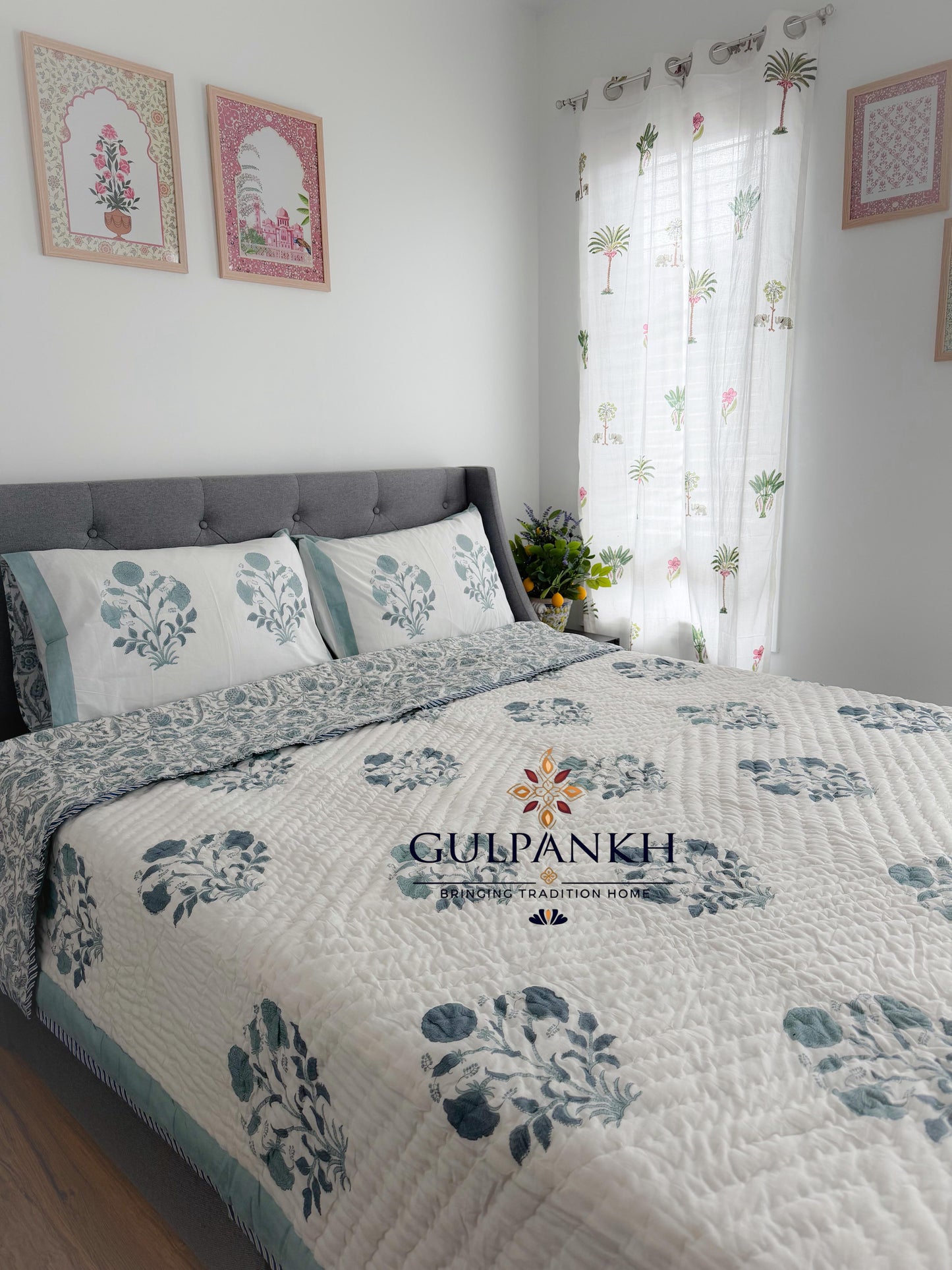 Hand Block Printed Cotton Quilt - Noor-e-Neel | Gulpankh Canada