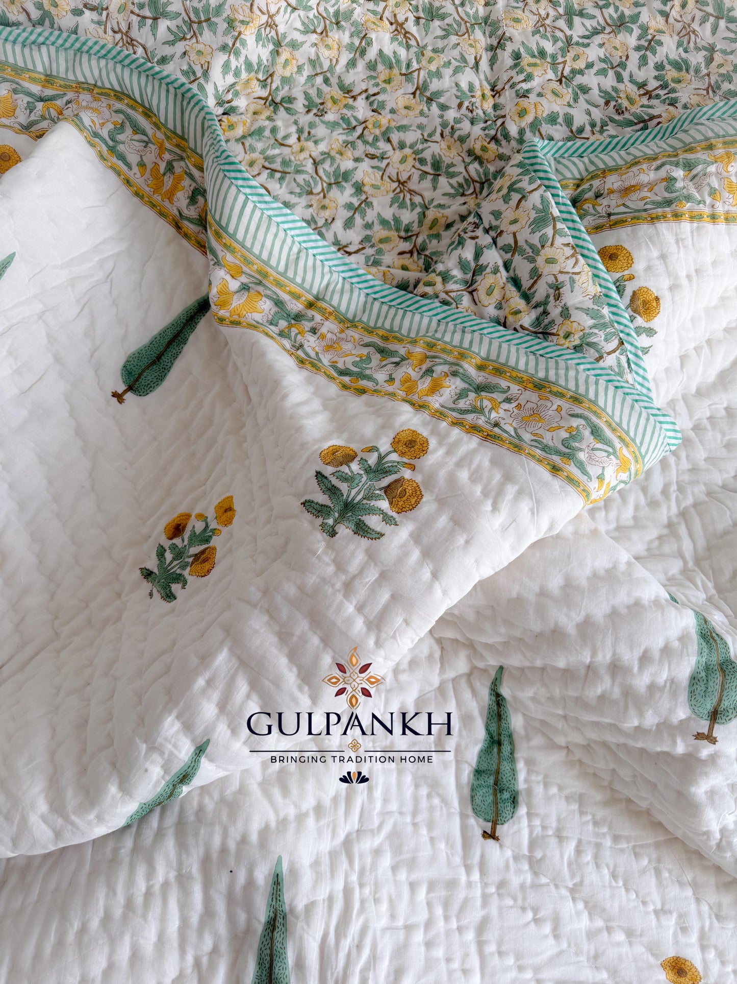 Botanical Meadow Hand Block Printed Cotton Bedding Set with Quilt | Gulpankh Canada