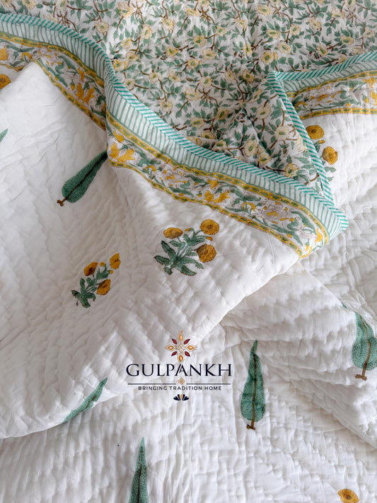 Botanical Meadow Hand Block Printed Cotton Bedding Set with Quilt | Gulpankh Canada