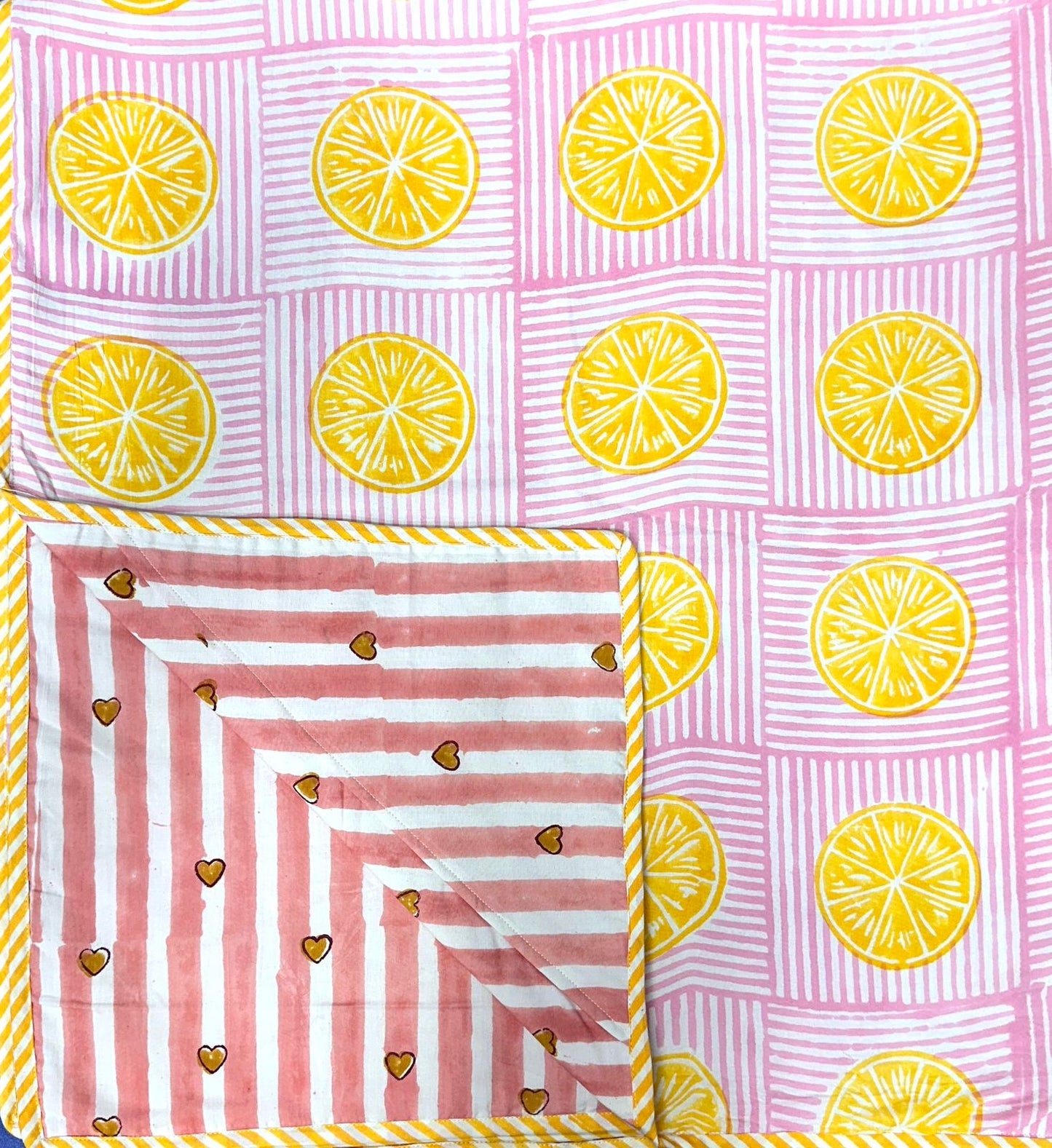 Hand Block Printed Hooded Baby Swaddle Blanket – Pink Citrus Hearts | Gulpankh Canada