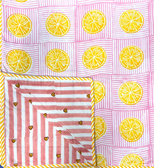 Hand Block Printed Hooded Baby Receiving Blanket – Pink Citrus Hearts | Gulpankh Canada