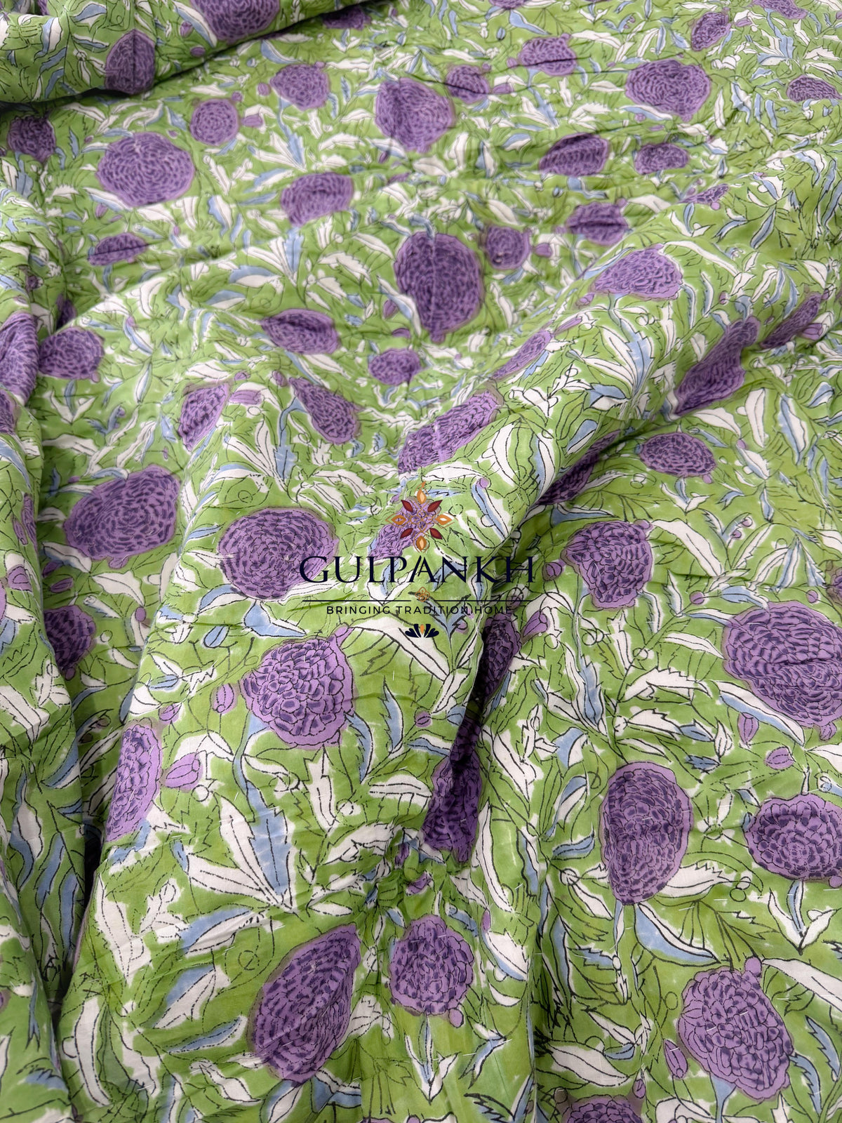 Hand Block Printed Reversible Cotton Quilt - Lavender Garden Bloom | Gulpankh Canada