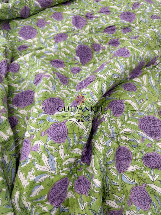 Hand Block Printed Reversible Cotton Quilt - Lavender Garden Bloom | Gulpankh Canada