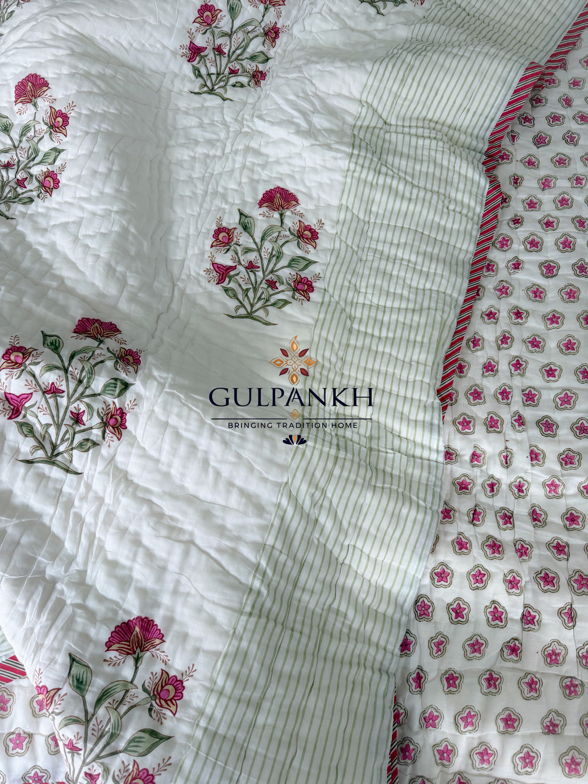 Hand Block Printed Reversible Cotton Quilt - Raspberry Sage Bloom | Gulpankh Canada