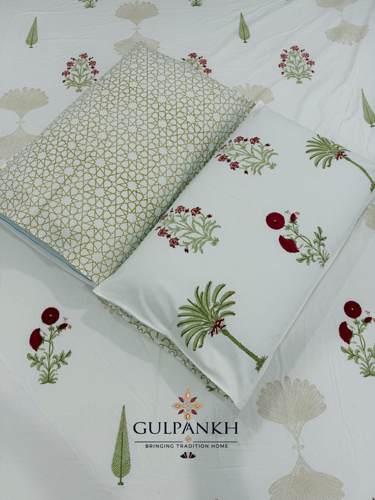 Hand Block Printed King Fitted Bedsheet - Mughal Palm Garden | Gulpankh Canada