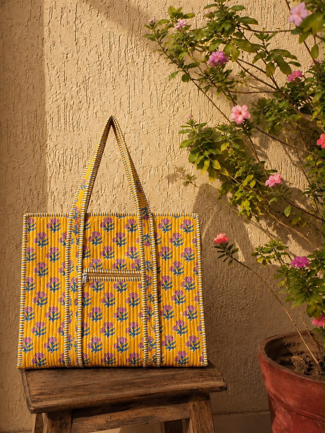 Hand Block Printed Quilted Tote Bag – Mustard Floral | Gulpankh Canada