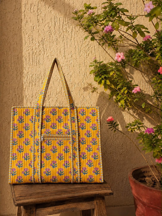 Hand Block Printed Quilted Tote Bag – Mustard Floral | Gulpankh Canada