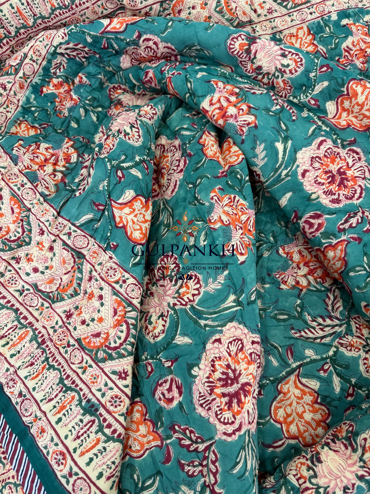 Hand Block Printed Reversible Cotton Quilt - Teal Blossom Garden | Gulpankh Canada