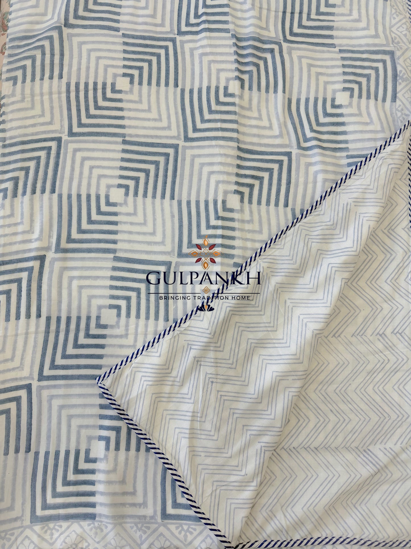 Hand Block Printed Mulmul Cotton Dohar - Indigo Maze | Gulpankh Canada