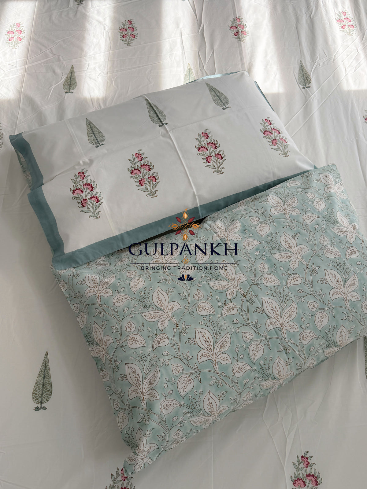 Hand Block Printed 100% Cotton King Fitted Bedsheet – Blush Cypress Garden | Gulpankh Canada