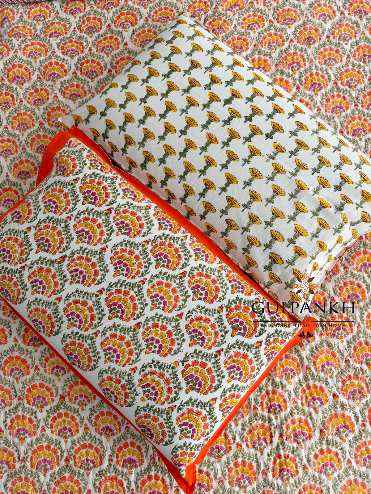 Hand Block Printed Reversible Cotton Quilt - Marigold Bloom | Gulpankh Canada