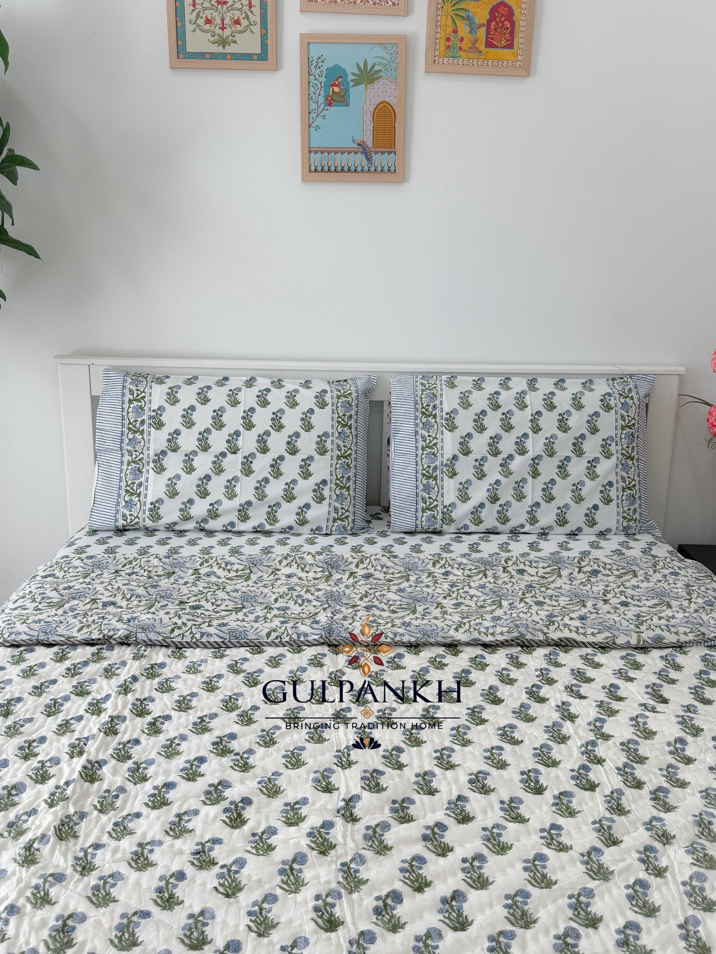 Hand Block Printed Cotton Bedding Set with Quilt - Indigo Meadow Luxe | Gulpankh Canada