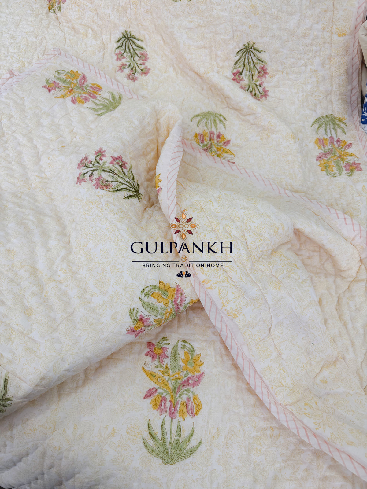 Hand Block Printed Reversible Cotton Quilt - Sunlit Blossom | Gulpankh Canada