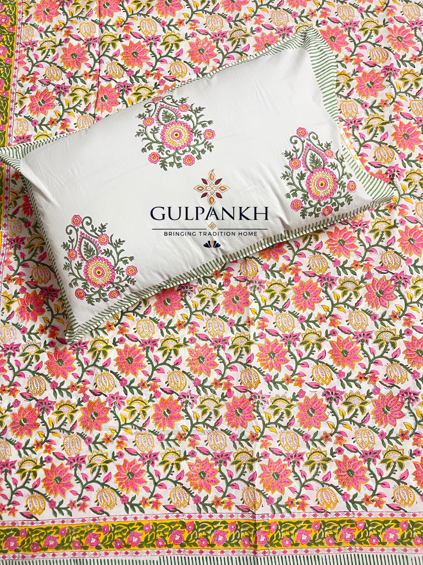 Hand Block Printed Fitted Bedsheet - Gulabi Kamal Vatika | Gulpankh Canada