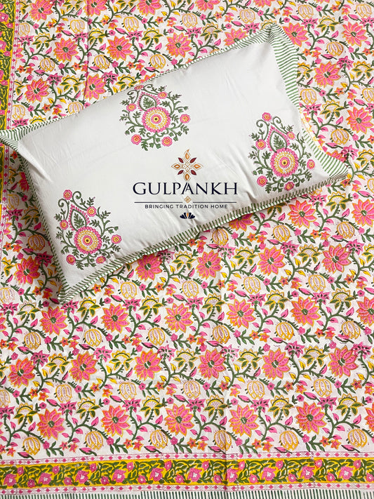 Hand Block Printed Fitted Bedsheet - Gulabi Kamal Vatika | Gulpankh Canada