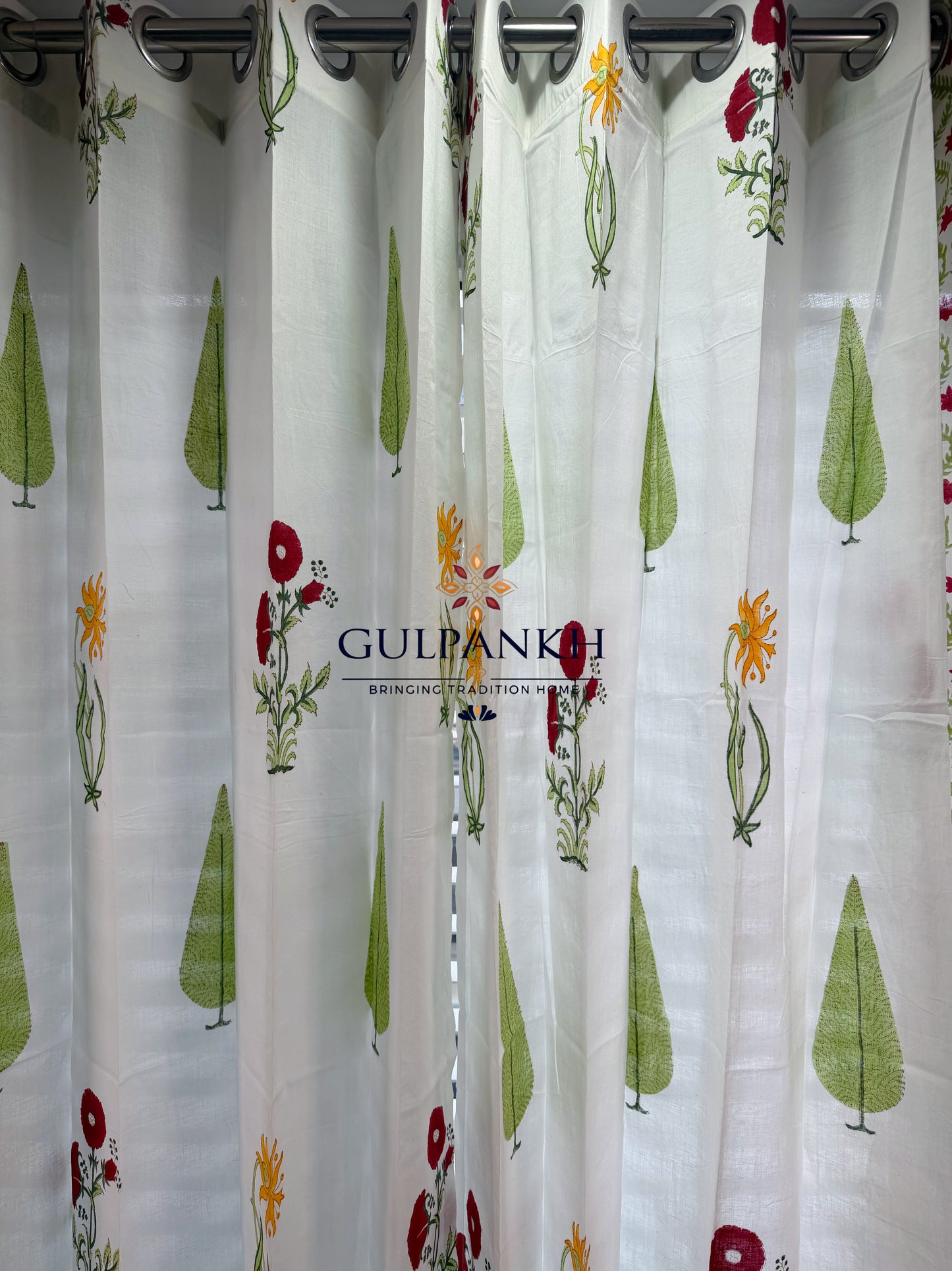 Hand Block Printed Cotton Curtains - Gul Bagicha Cypress | Gulpankh Canada
