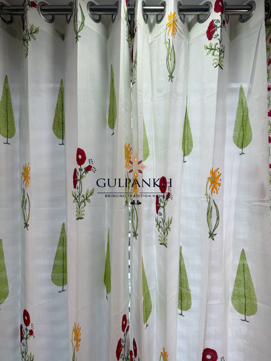 Hand Block Printed Cotton Curtains - Gul Bagicha Cypress | Gulpankh Canada