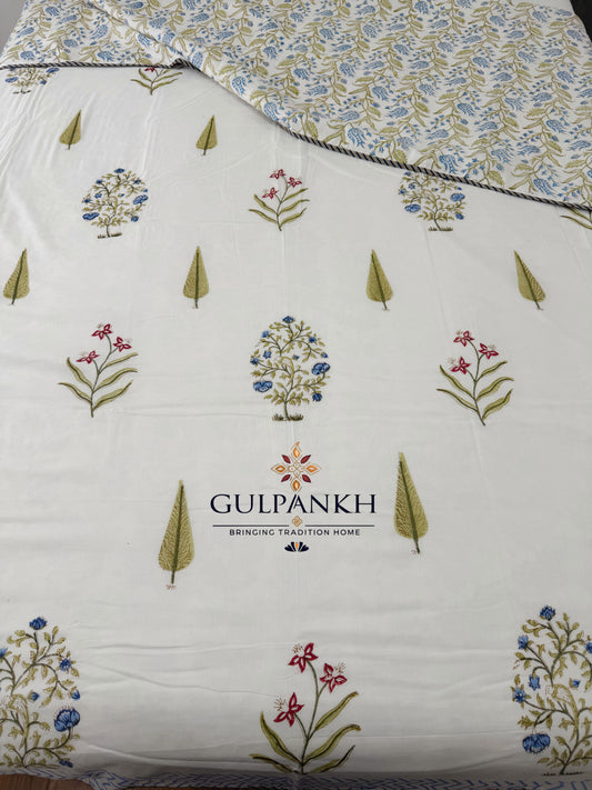 Hand Block Printed Mulmul Cotton Dohar - Blue Meadow Botanica | Gulpankh Canada