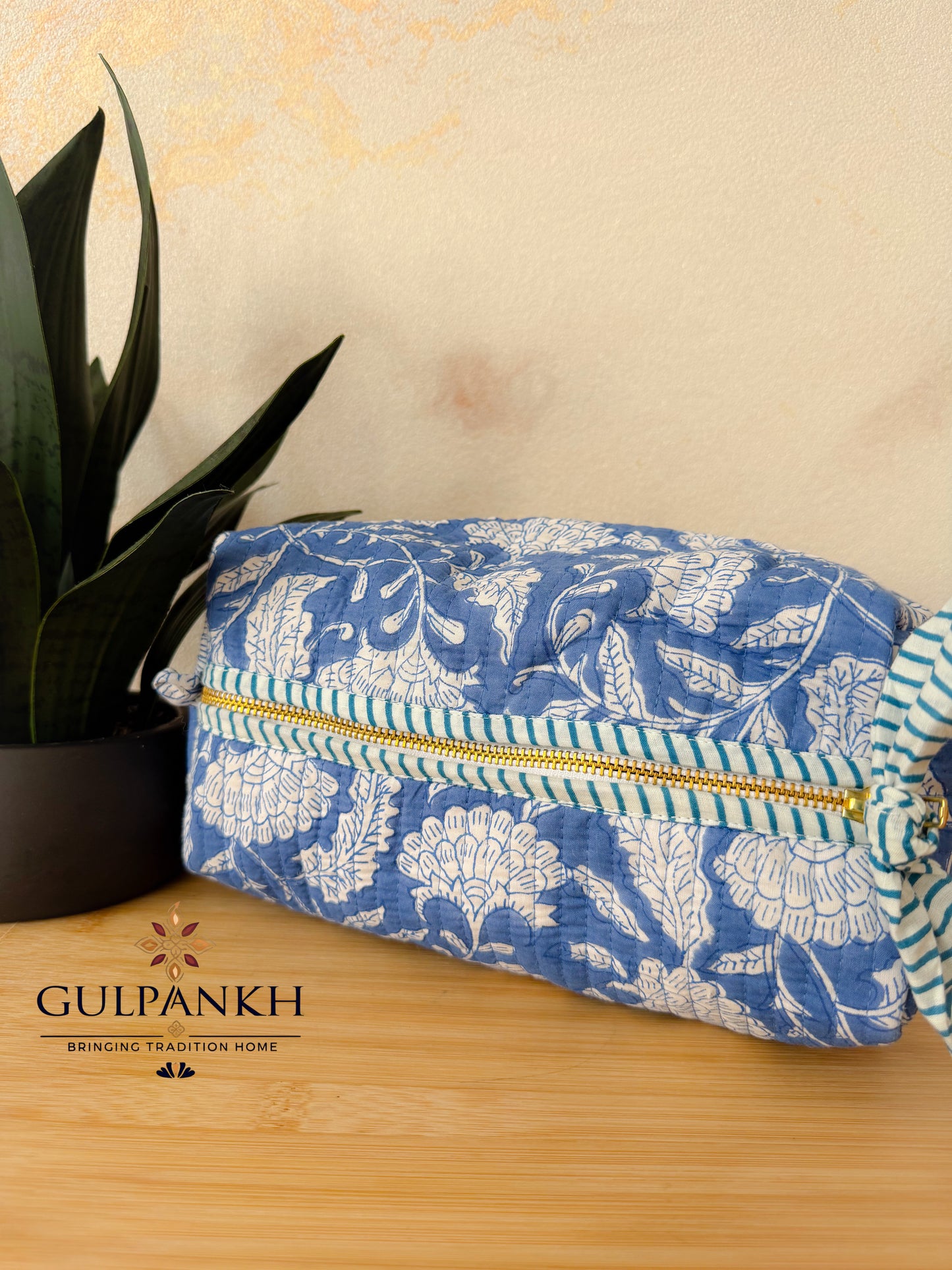 Hand Block Printed Quilted Vanity Bag – Indigo Bloom | Gulpankh Canada