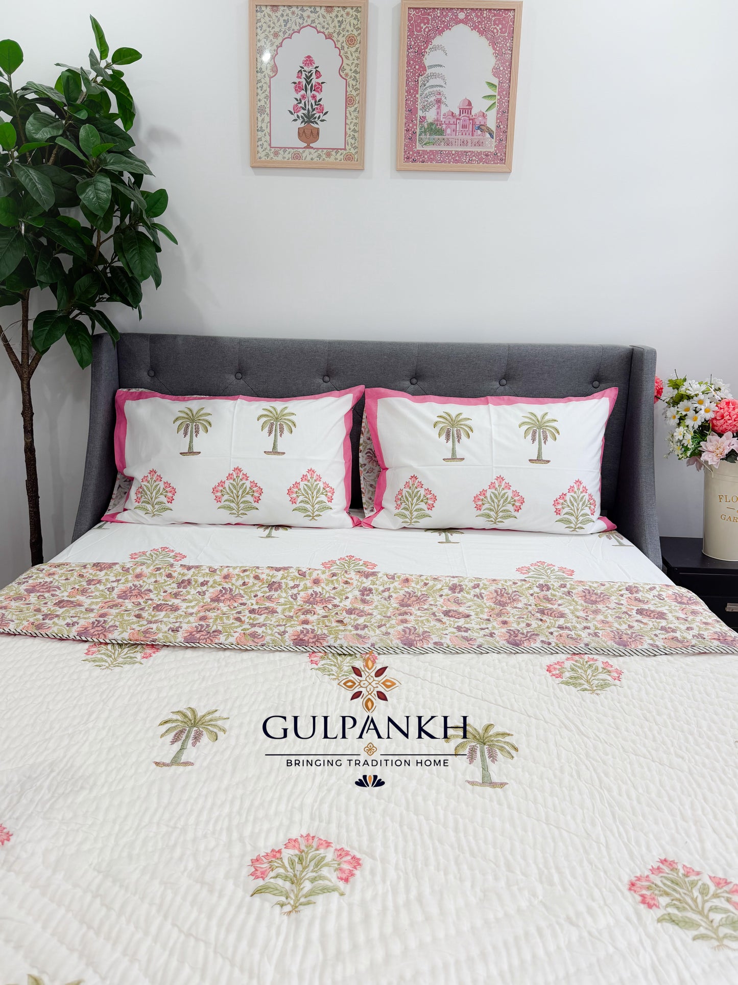 Hand Block Printed Cotton Bedding Set with Quilt - Gulabi Palm Garden | Gulpankh Canada