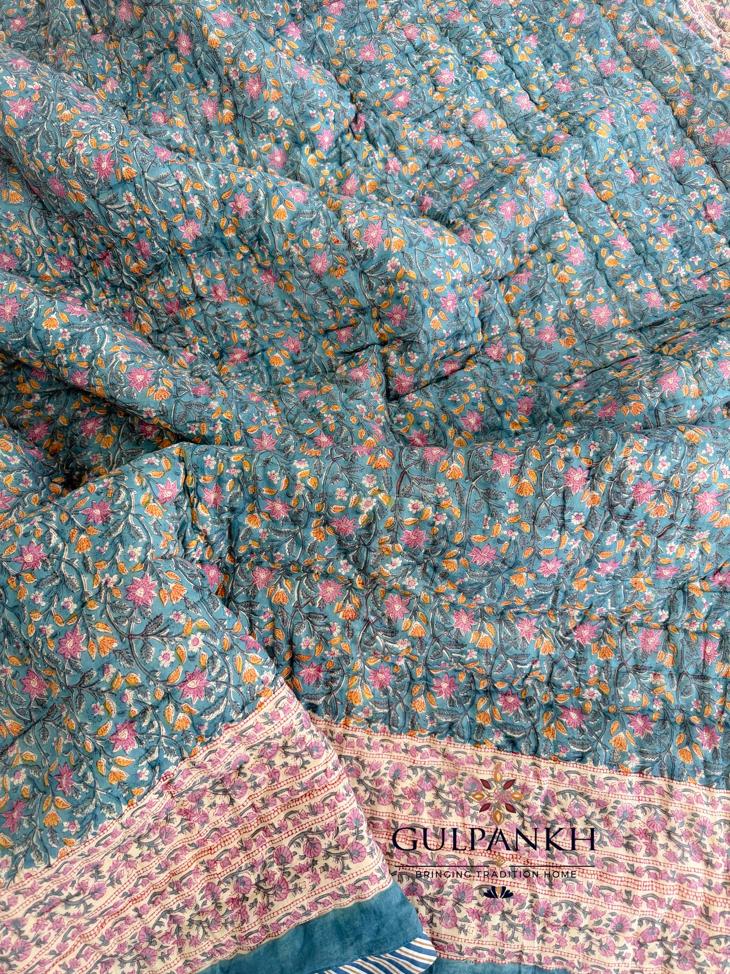 Hand Block Printed Cotton Quilt - Teal Blossom Garden | Gulpankh Canada