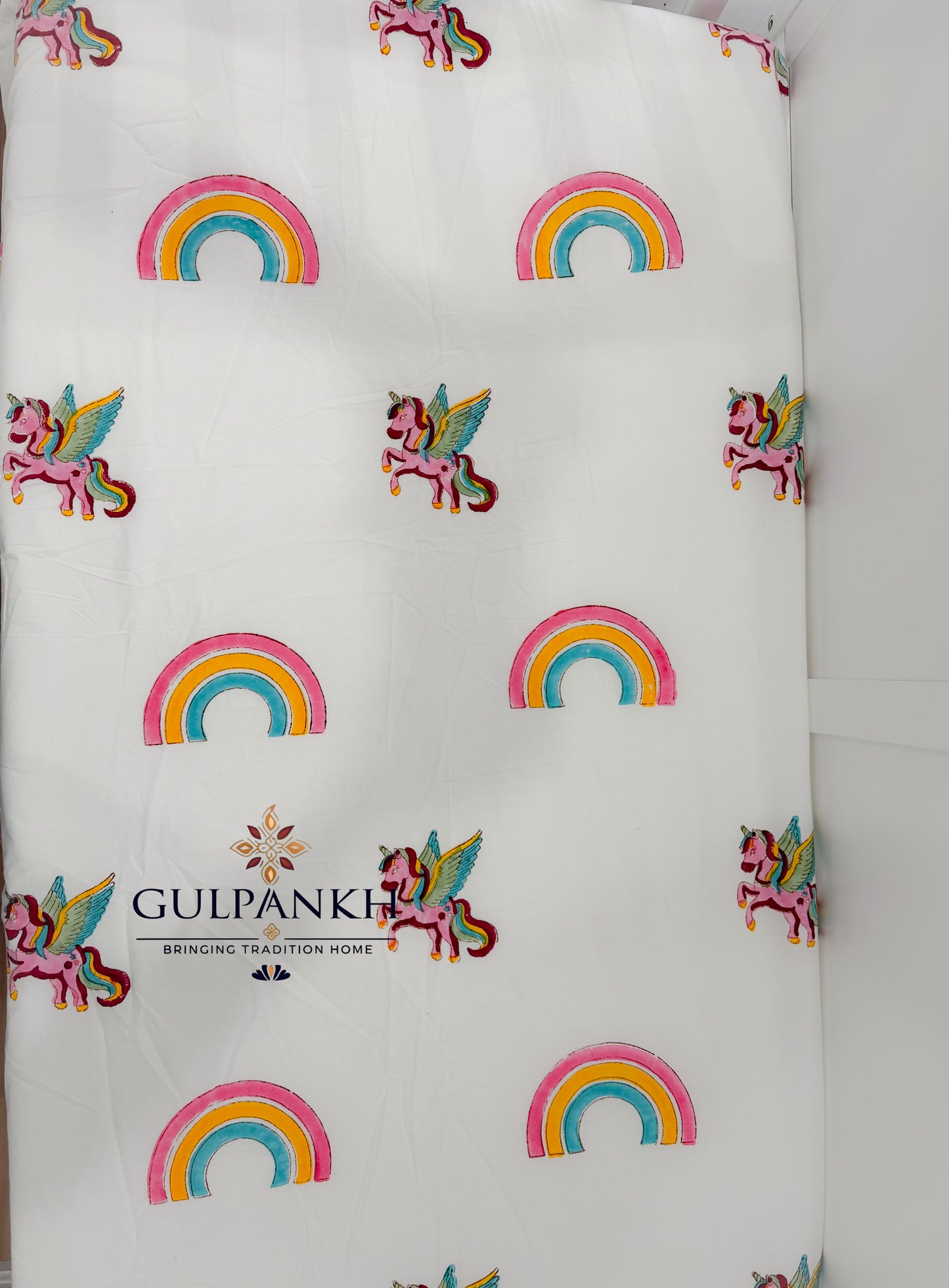 Hand Block Printed Crib Sheet Fitted - Unicorn Skies | Gulpankh Canada