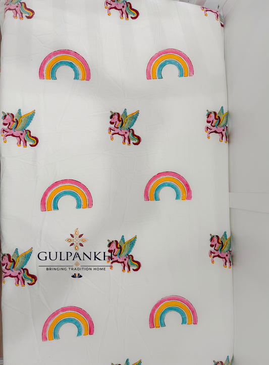 Hand Block Printed Crib Sheet Fitted - Unicorn Skies | Gulpankh Canada