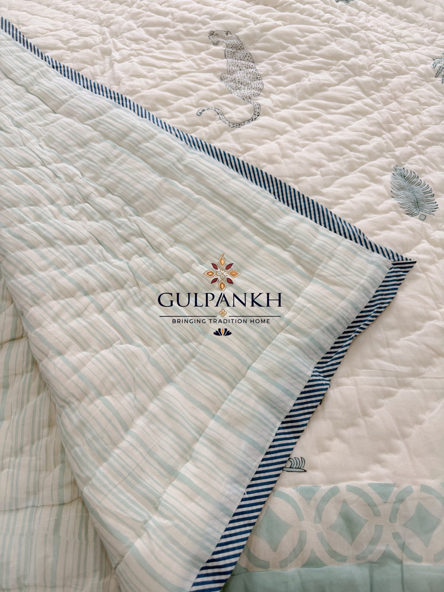 Hand Block Printed Cotton Quilt - Neel Baagh | Gulpankh Canada
