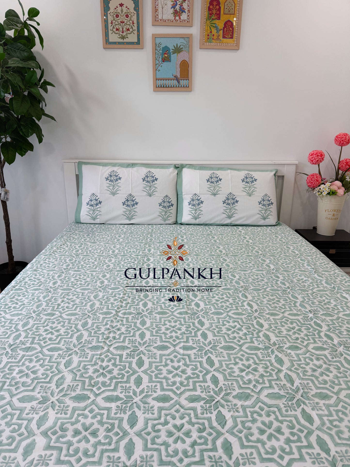 Hand Block Printed King Fitted Bedsheet - Ivory Sage Geometry | Gulpankh Canada