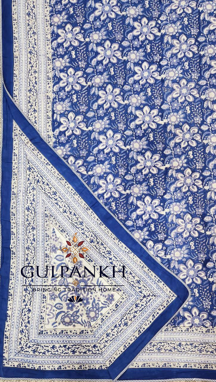 Hand Block Printed Mulmul Cotton Dohar - Neelkamal Blossom | Gulpankh Canada