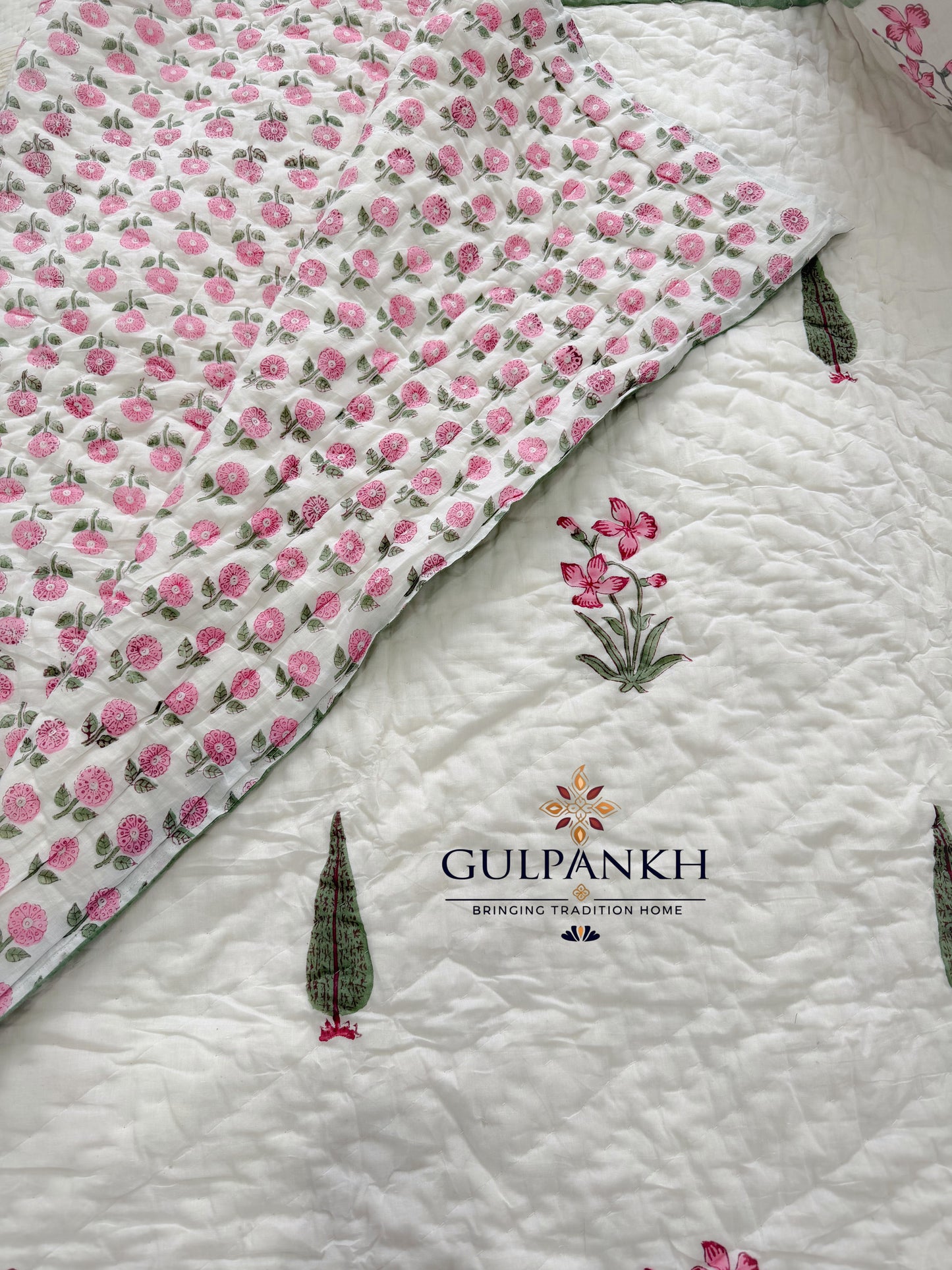 Rose Garden Hand Block Printed Cotton Quilt | Gulpankh Canada