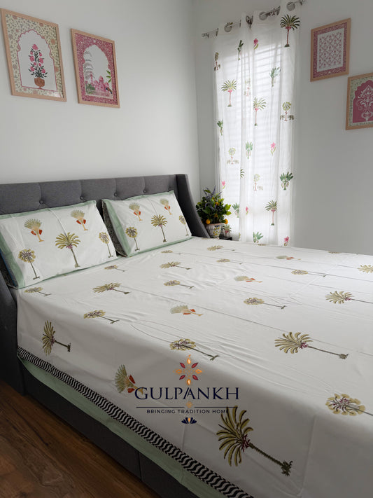 Palm Tree Hand Block Printed Flat Bedsheet | Gulpankh Canada