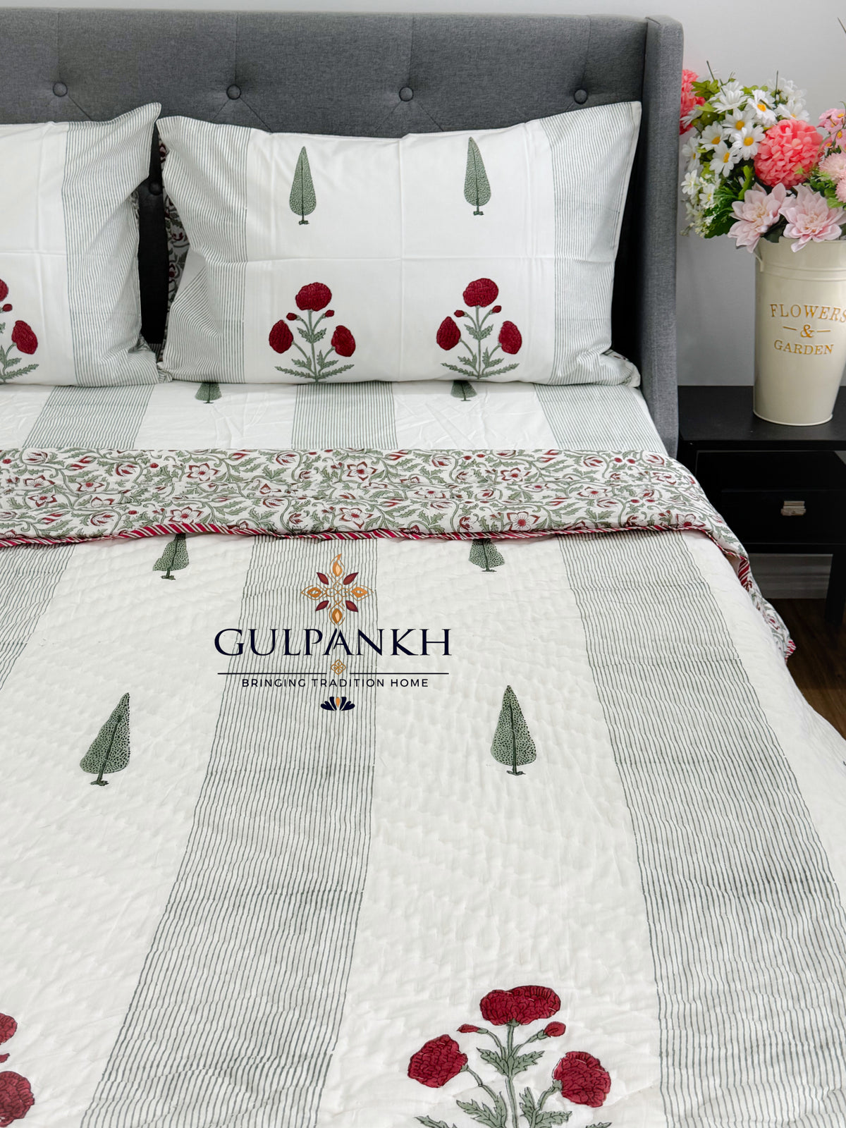 Hand Block Printed Cotton Bedding Set with Quilt - Gulnaar Cypress | Gulpankh Canada