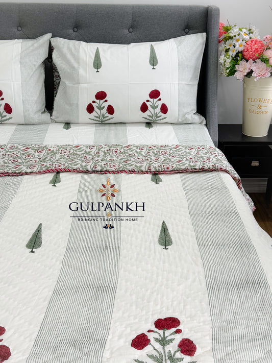 Hand Block Printed Cotton Bedding Set with Quilt - Gulnaar Cypress | Gulpankh Canada