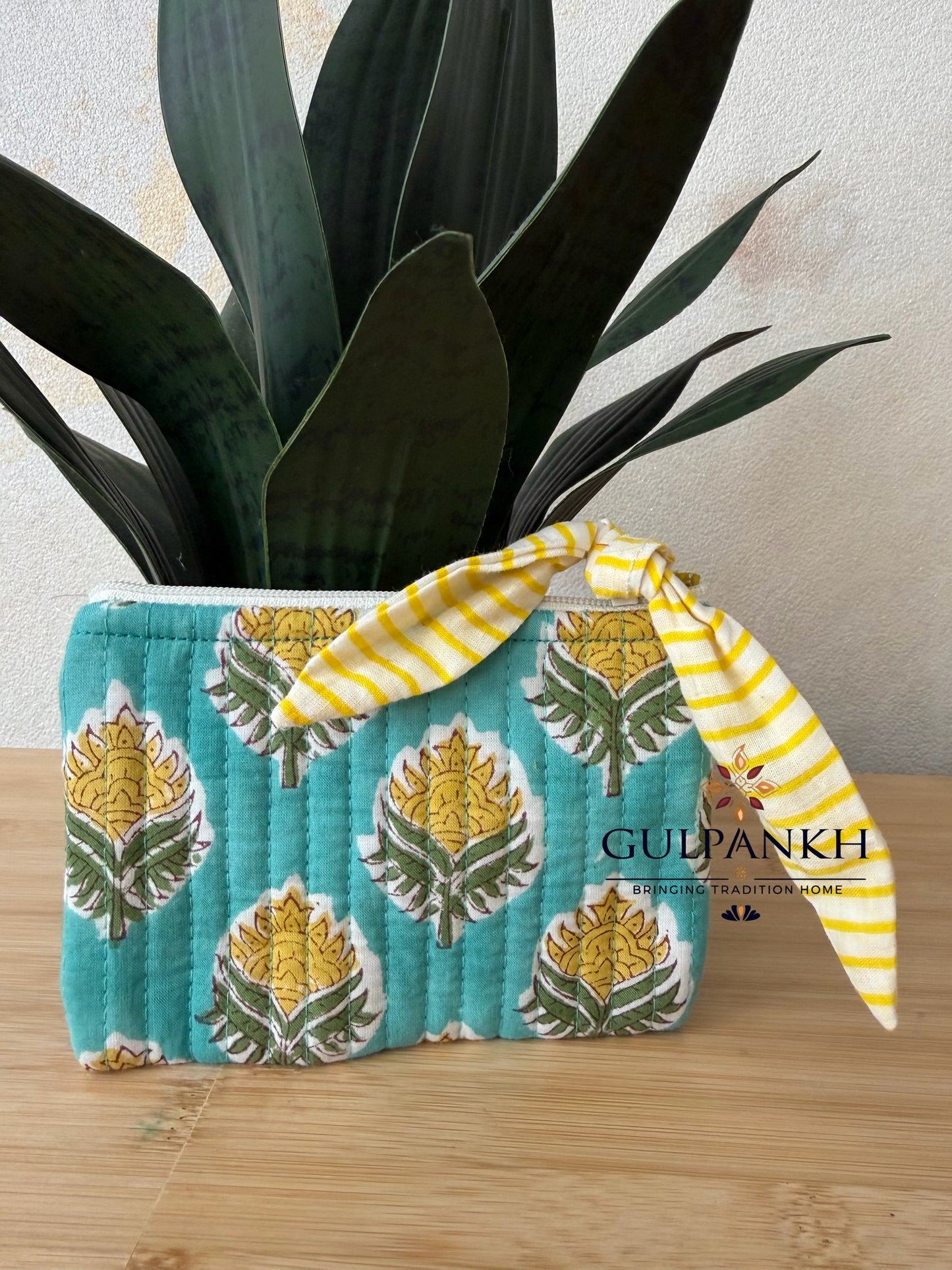 Hand Block Printed Quilted Flat Pouch – Turquoise Marigold Bloom | Gulpankh Canada