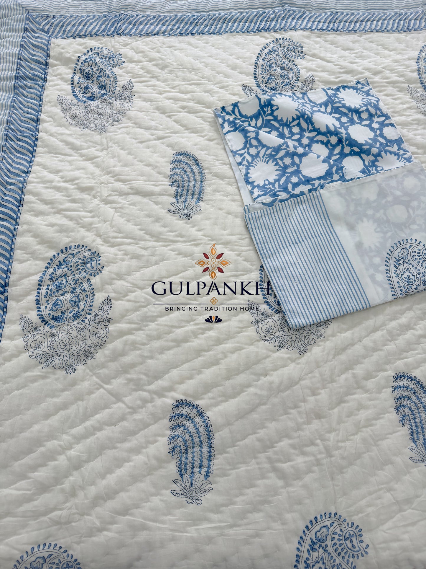 Hand Block Printed Cotton Quilt - Indigo Saaz | Gulpankh Canada