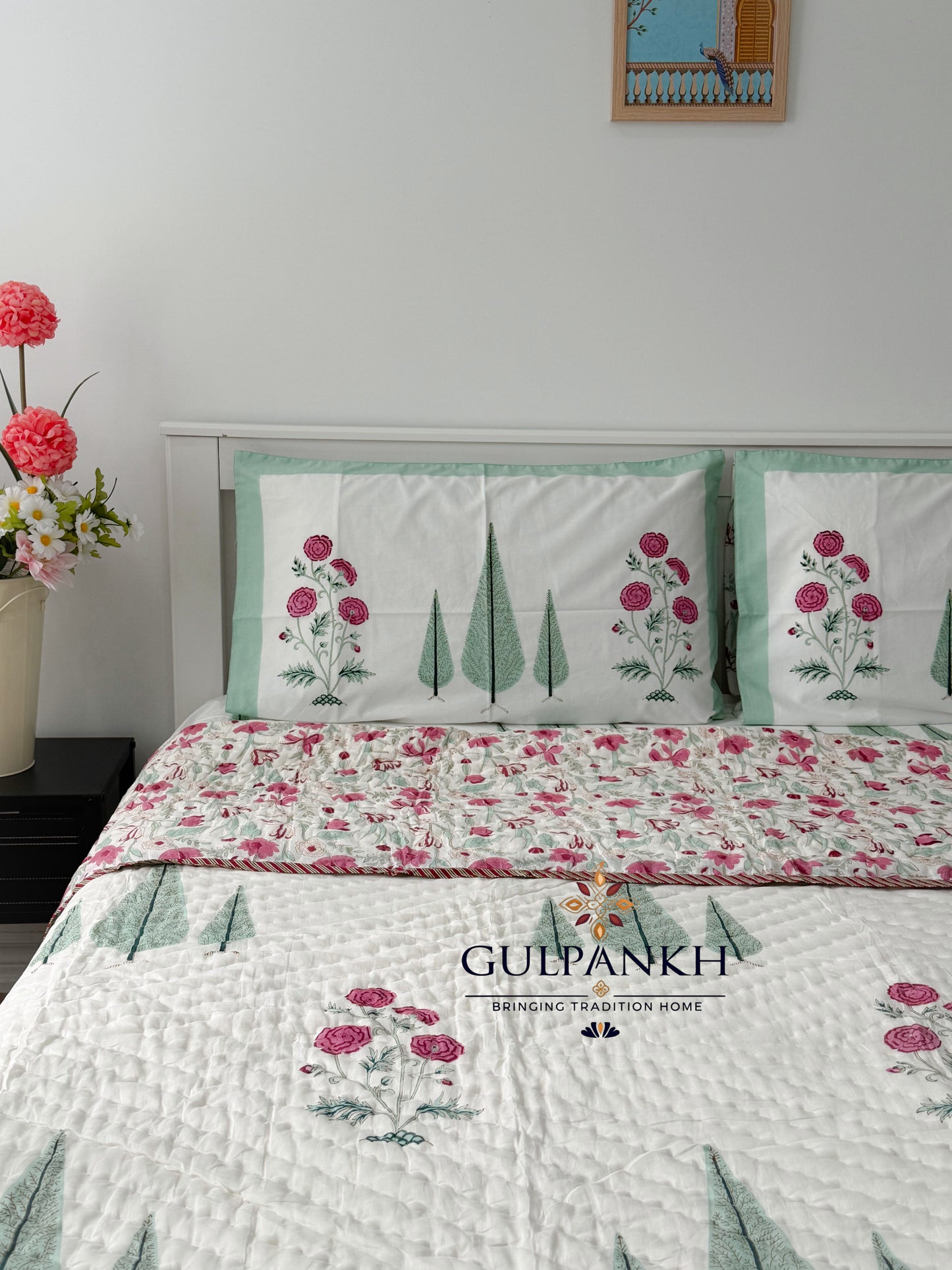 Hand Block Printed Cotton Bedding Set with Quilt - Firdaus Blossom | Gulpankh Canada