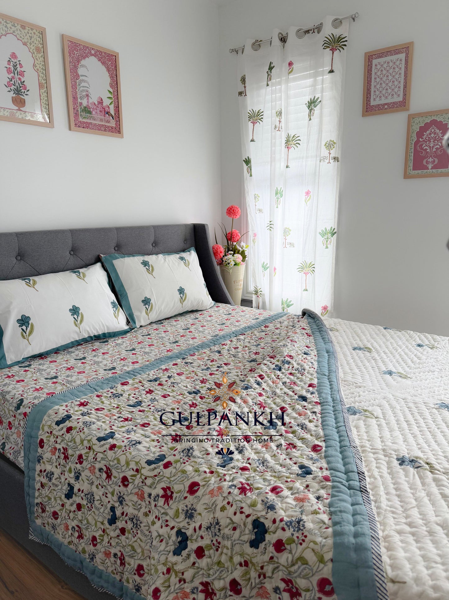 Hand Block Printed Cotton Bedding Set with Quilt - Blue Wildflower Garden | Gulpankh Canada