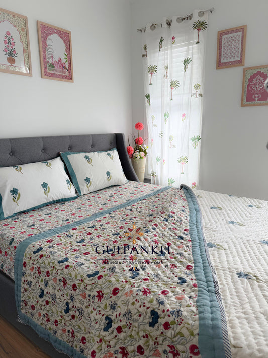 Hand Block Printed Cotton Bedding Set with Quilt - Blue Wildflower Garden | Gulpankh Canada